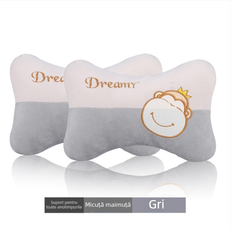 Set perne auto pentru cap și gât (pereche) – model cu animale, exterior pluș artificial, spumă cu memorie la interior