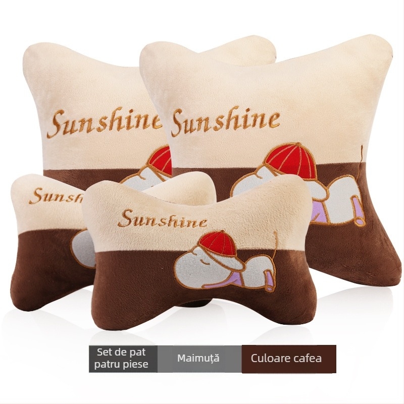 Set perne auto pentru cap și gât (pereche) – model cu animale, exterior pluș artificial, spumă cu memorie la interior