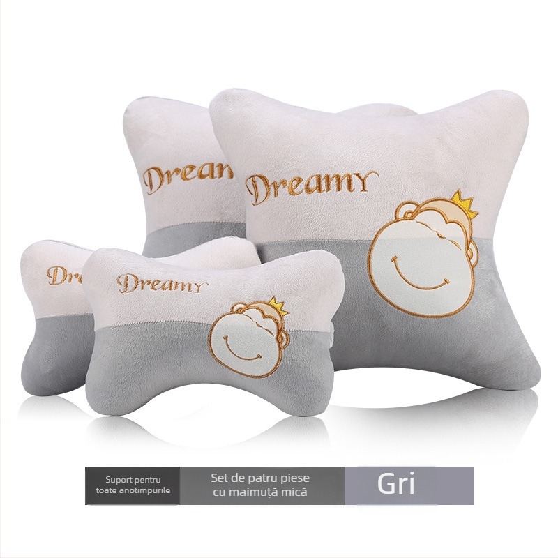 Set perne auto pentru cap și gât (pereche) – model cu animale, exterior pluș artificial, spumă cu memorie la interior