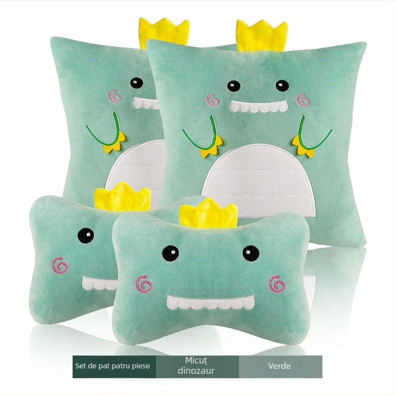 Set perne auto pentru cap și gât (pereche) – model cu animale, exterior pluș artificial, spumă cu memorie la interior