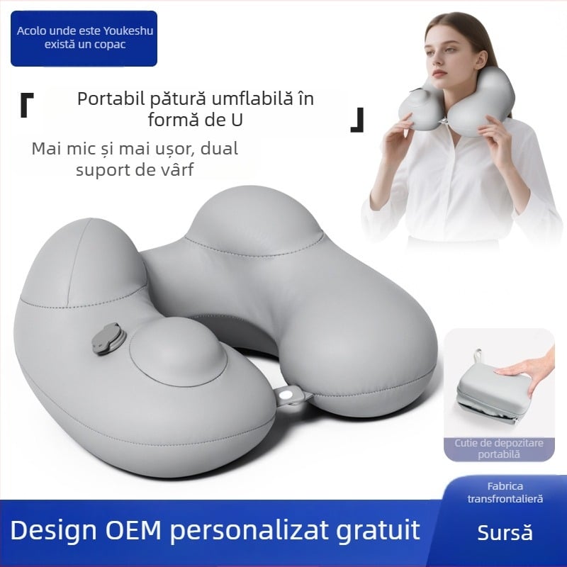 Perne de călătorie în formă de U, gonflabilă – pernă de gât portabilă, țesătură Ice Silk, umplutură PVC, pentru adulți