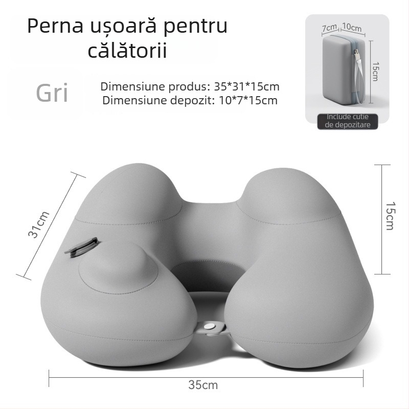 Perne de călătorie în formă de U, gonflabilă – pernă de gât portabilă, țesătură Ice Silk, umplutură PVC, pentru adulți