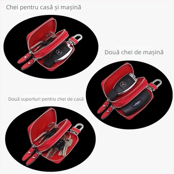 Geantă pentru chei din piele naturală, cu două straturi de piele de vițel, model cu dungi, fermoar dublu, Ultra-ușoară