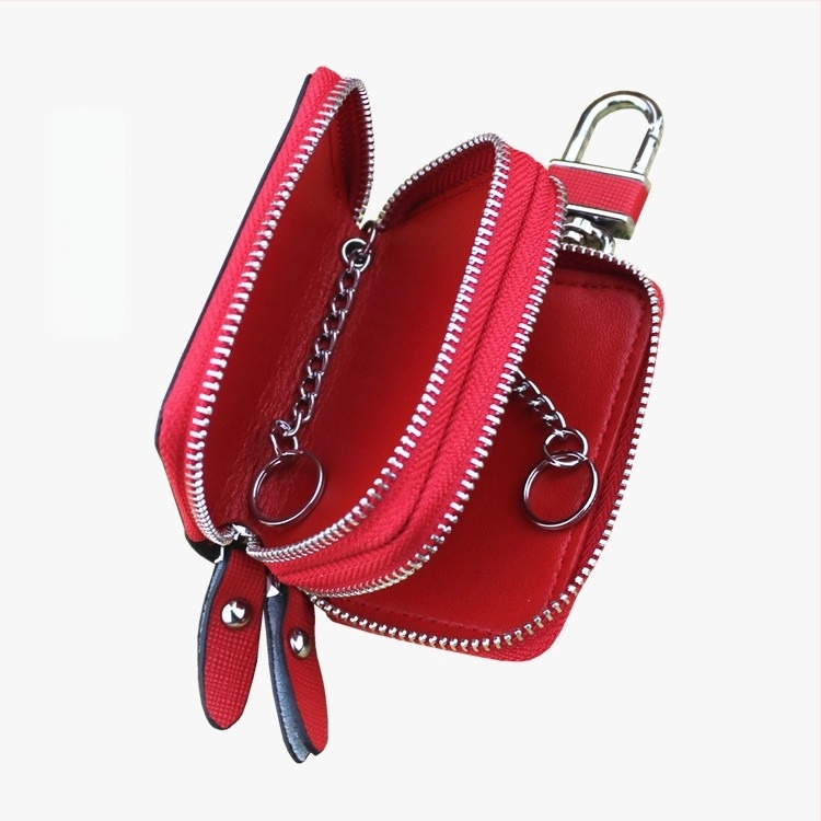 Geantă pentru chei din piele naturală, cu două straturi de piele de vițel, model cu dungi, fermoar dublu, Ultra-ușoară