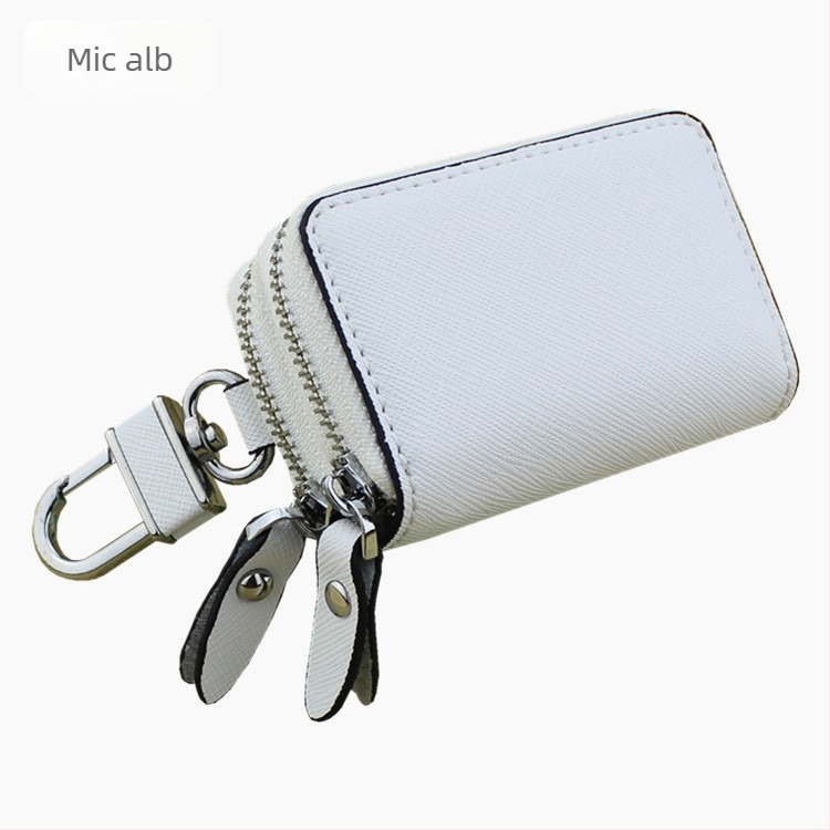 Geantă pentru chei din piele naturală, cu două straturi de piele de vițel, model cu dungi, fermoar dublu, Ultra-ușoară