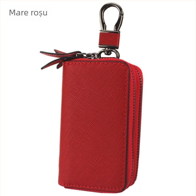 Geantă pentru chei din piele naturală, cu două straturi de piele de vițel, model cu dungi, fermoar dublu, Ultra-ușoară