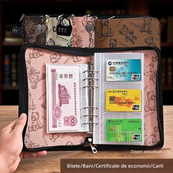Geantă de organizare a documentelor cu fermoar, design urs de desene animate, PU material, capacitate mare pentru bancnote, carduri și chitanțe, imprimare logo disponibil