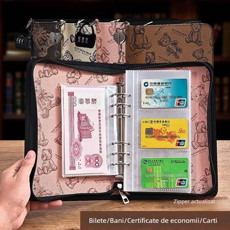 Geantă de organizare a documentelor cu fermoar, design urs de desene animate, PU material, capacitate mare pentru bancnote, carduri și chitanțe, imprimare logo disponibil