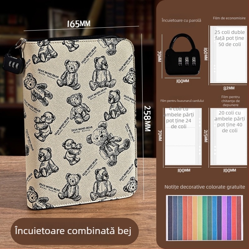 Geantă de organizare a documentelor cu fermoar, design urs de desene animate, PU material, capacitate mare pentru bancnote, carduri și chitanțe, imprimare logo disponibil