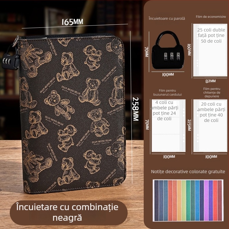 Geantă de organizare a documentelor cu fermoar, design urs de desene animate, PU material, capacitate mare pentru bancnote, carduri și chitanțe, imprimare logo disponibil