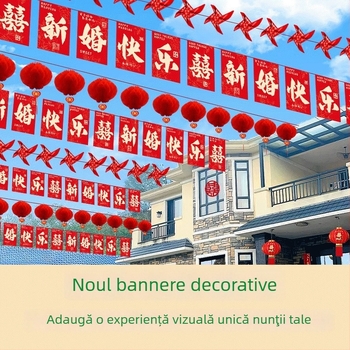 Ghirlandă de steaguri pentru nuntă cu simbolul fericirii și felinare‑vânturi de morișcă | țesătură Chun yafang | imprimare digitală | fără băț de steag
