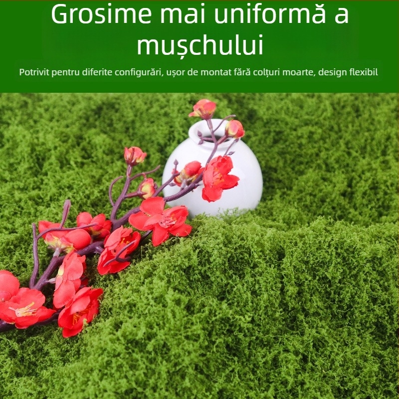 Covor cu mușchi artificial – textură flocată, poliester + țesătură nețesută, decor micro-peisaj, personalizabil, ambalare: pungă Opp