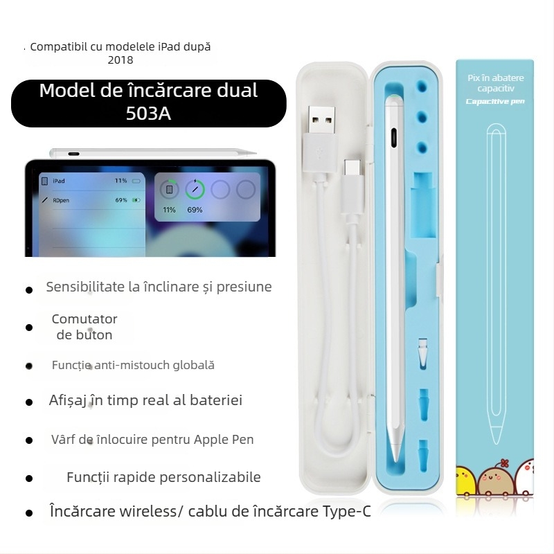 Stylus capacitiv pentru iPad cu încărcare magnetică, compatibil cu Apple Pencil a 2-a generație, carcasă din plastic, set cu cutie de depozitare