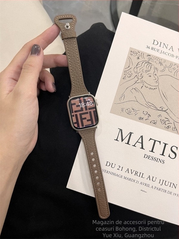 Brățară Apple Watch din piele naturală, textură Litchi, design talie subțire, compatibilă cu seria 8/7 și Apple Watch 6/SE