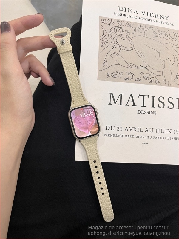 Brățară Apple Watch din piele naturală, textură Litchi, design talie subțire, compatibilă cu seria 8/7 și Apple Watch 6/SE