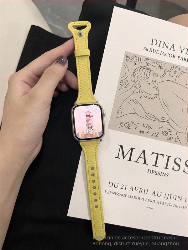 Brățară Apple Watch din piele naturală, textură Litchi, design talie subțire, compatibilă cu seria 8/7 și Apple Watch 6/SE