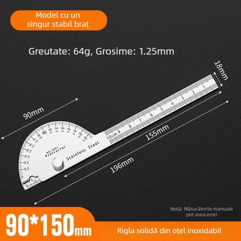 Neck Strength Oțel inoxidabil, precizie înaltă, protractor unghiular cu riglă multifuncțională pentru tâmplărie și uz industrial