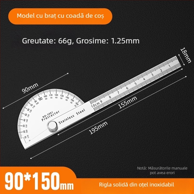 Neck Strength Oțel inoxidabil, precizie înaltă, protractor unghiular cu riglă multifuncțională pentru tâmplărie și uz industrial