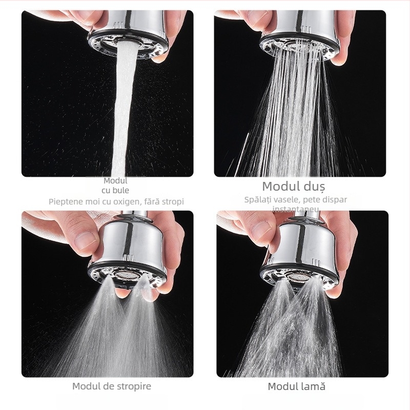 Adaptor/extenșie pentru robinet de chiuvetă, cap de prelungire rotativ, oțel inoxidabil 201, model OC04-1, construcție triplă, deschidere în spirală, temperatură de lucru 100°C