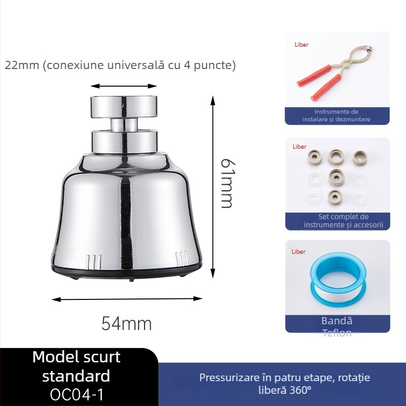 Adaptor/extenșie pentru robinet de chiuvetă, cap de prelungire rotativ, oțel inoxidabil 201, model OC04-1, construcție triplă, deschidere în spirală, temperatură de lucru 100°C