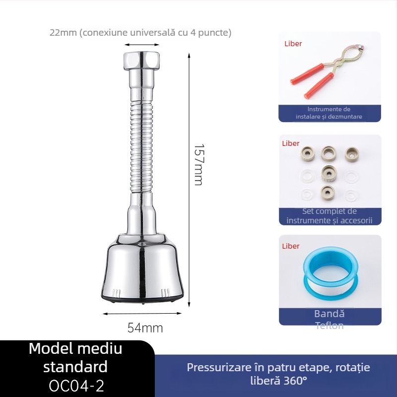 Adaptor/extenșie pentru robinet de chiuvetă, cap de prelungire rotativ, oțel inoxidabil 201, model OC04-1, construcție triplă, deschidere în spirală, temperatură de lucru 100°C