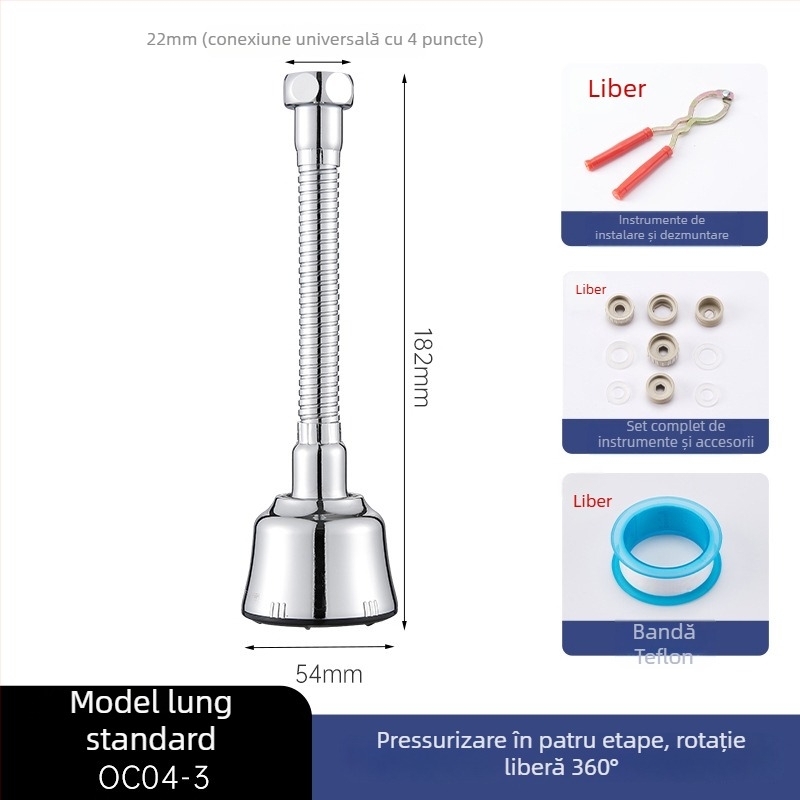 Adaptor/extenșie pentru robinet de chiuvetă, cap de prelungire rotativ, oțel inoxidabil 201, model OC04-1, construcție triplă, deschidere în spirală, temperatură de lucru 100°C