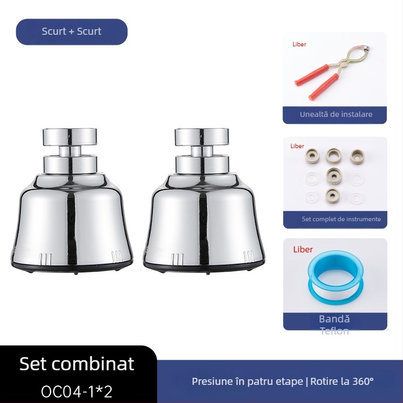 Adaptor/extenșie pentru robinet de chiuvetă, cap de prelungire rotativ, oțel inoxidabil 201, model OC04-1, construcție triplă, deschidere în spirală, temperatură de lucru 100°C