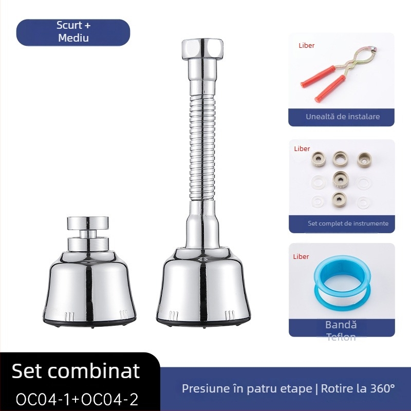 Adaptor/extenșie pentru robinet de chiuvetă, cap de prelungire rotativ, oțel inoxidabil 201, model OC04-1, construcție triplă, deschidere în spirală, temperatură de lucru 100°C