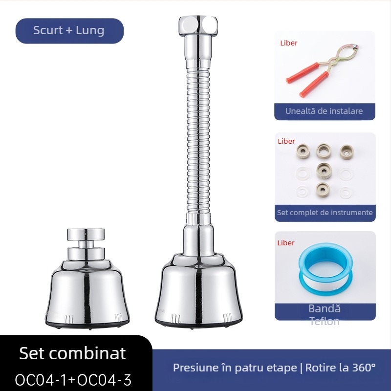 Adaptor/extenșie pentru robinet de chiuvetă, cap de prelungire rotativ, oțel inoxidabil 201, model OC04-1, construcție triplă, deschidere în spirală, temperatură de lucru 100°C