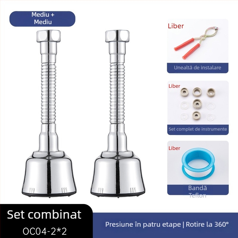 Adaptor/extenșie pentru robinet de chiuvetă, cap de prelungire rotativ, oțel inoxidabil 201, model OC04-1, construcție triplă, deschidere în spirală, temperatură de lucru 100°C