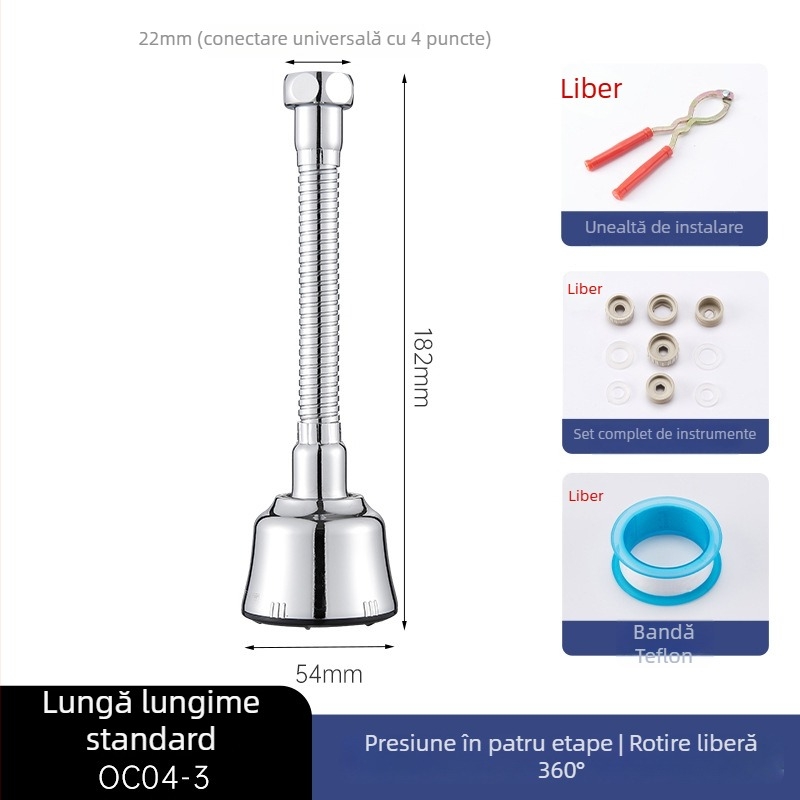 Adaptor/extenșie pentru robinet de chiuvetă, cap de prelungire rotativ, oțel inoxidabil 201, model OC04-1, construcție triplă, deschidere în spirală, temperatură de lucru 100°C