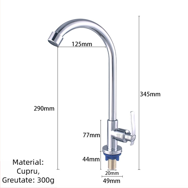 Robinet de bucătărie din alamă, vertical, pentru chiuvetă, cu apă rece, rotativ