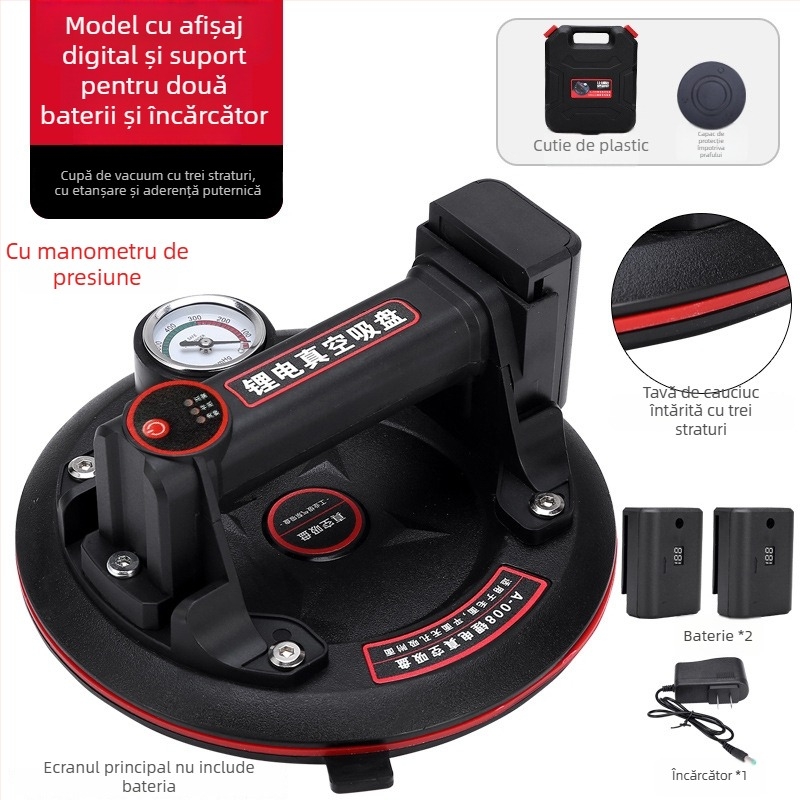 Suport de ridicare cu ventuză vacuum, manual și electric, cu baterie litiu, reumplere automată a aerului, pentru sticlă și plăci ceramice