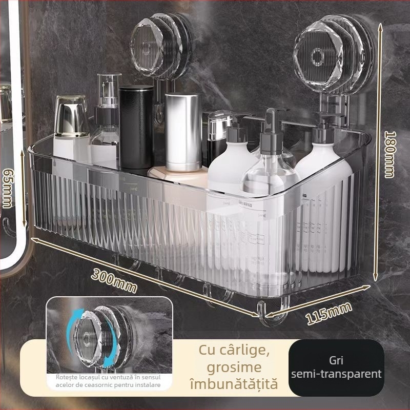 Raft de baie din plastic montat pe perete, rotativ, cu ventuză – organizator pentru prosoape și produse de machiaj