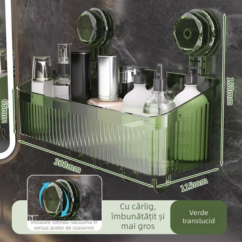 Raft de baie din plastic montat pe perete, rotativ, cu ventuză – organizator pentru prosoape și produse de machiaj