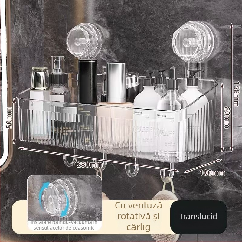 Raft de baie din plastic montat pe perete, rotativ, cu ventuză – organizator pentru prosoape și produse de machiaj