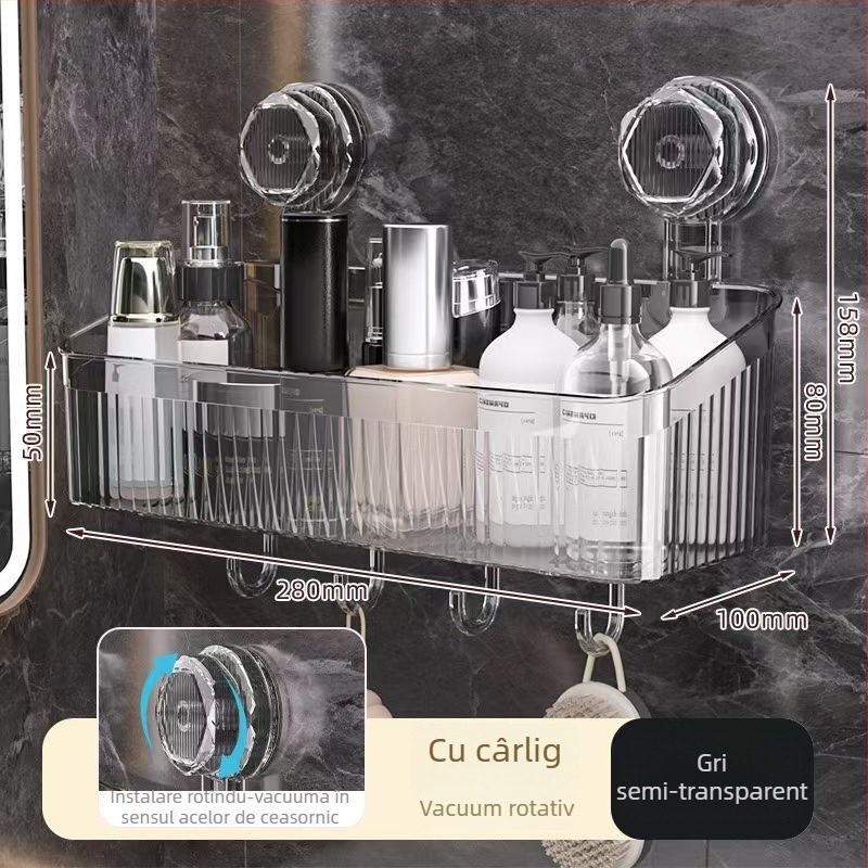 Raft de baie din plastic montat pe perete, rotativ, cu ventuză – organizator pentru prosoape și produse de machiaj