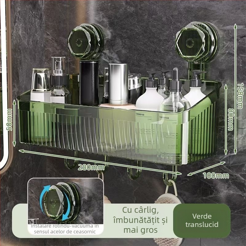 Raft de baie din plastic montat pe perete, rotativ, cu ventuză – organizator pentru prosoape și produse de machiaj