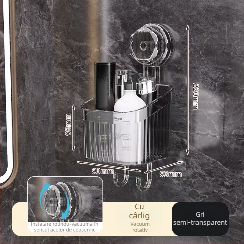 Raft de baie din plastic montat pe perete, rotativ, cu ventuză – organizator pentru prosoape și produse de machiaj