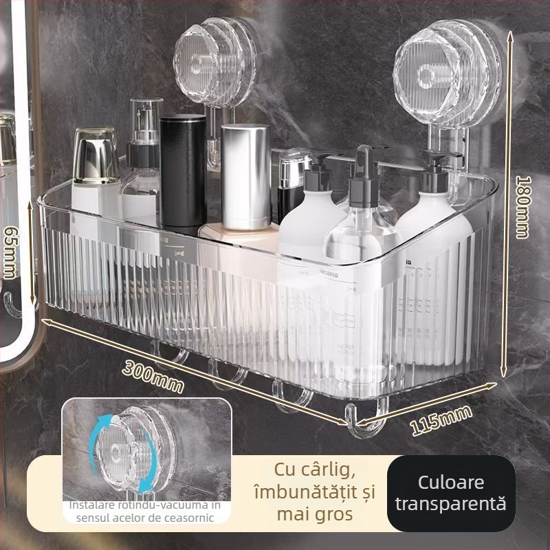 Raft de baie din plastic montat pe perete, rotativ, cu ventuză – organizator pentru prosoape și produse de machiaj