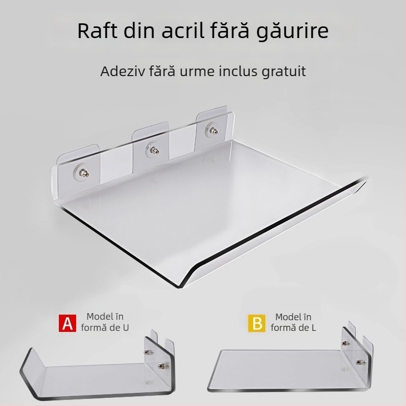 Raft de depozitare din acril fără găuri, montaj pe perete, transparent, 1 nivel, montaj cu adeziv, stil modern minimalist
