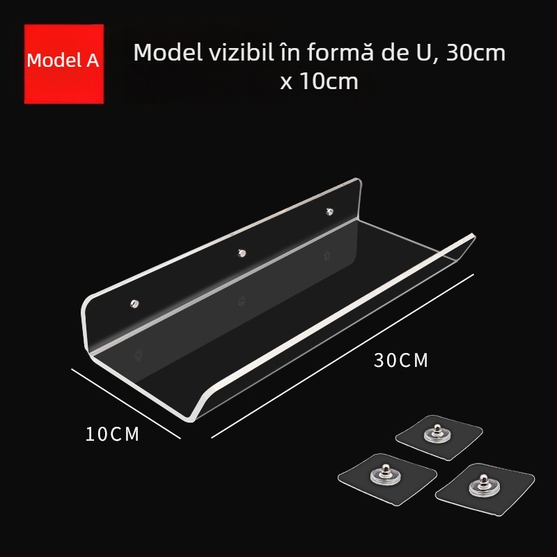 Raft de depozitare din acril fără găuri, montaj pe perete, transparent, 1 nivel, montaj cu adeziv, stil modern minimalist