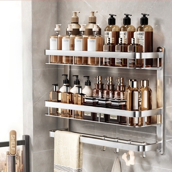 Raft de depozitare pentru baie montat pe perete, oțel inoxidabil, finisaj lucios, 1–3 niveluri, stil modern minimalist, Aochler model 000