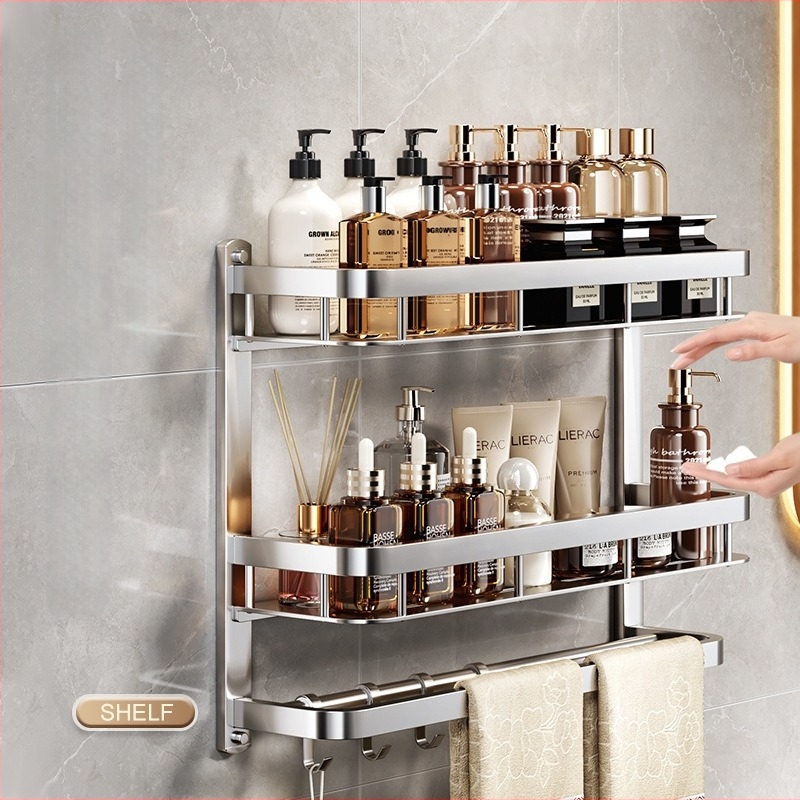 Raft de depozitare pentru baie montat pe perete, oțel inoxidabil, finisaj lucios, 1–3 niveluri, stil modern minimalist, Aochler model 000