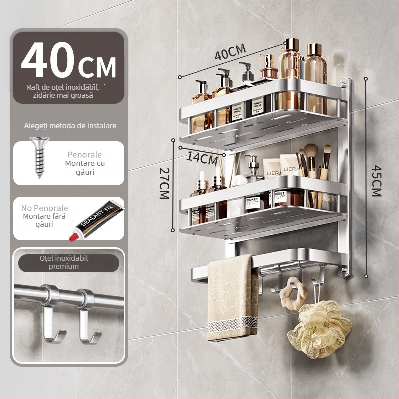 Raft de depozitare pentru baie montat pe perete, oțel inoxidabil, finisaj lucios, 1–3 niveluri, stil modern minimalist, Aochler model 000