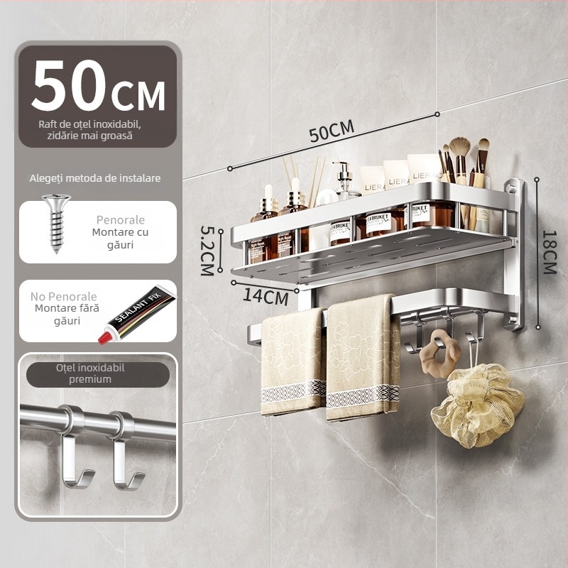 Raft de depozitare pentru baie montat pe perete, oțel inoxidabil, finisaj lucios, 1–3 niveluri, stil modern minimalist, Aochler model 000