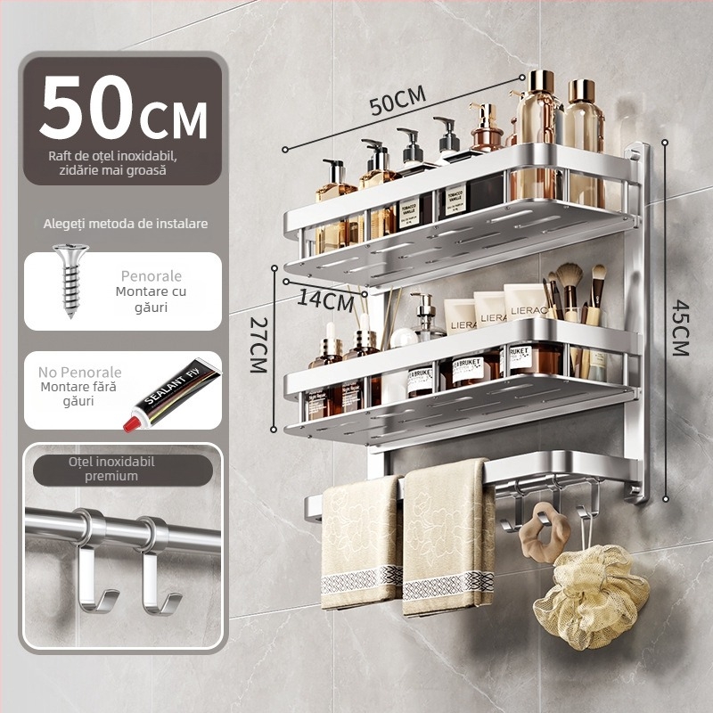 Raft de depozitare pentru baie montat pe perete, oțel inoxidabil, finisaj lucios, 1–3 niveluri, stil modern minimalist, Aochler model 000