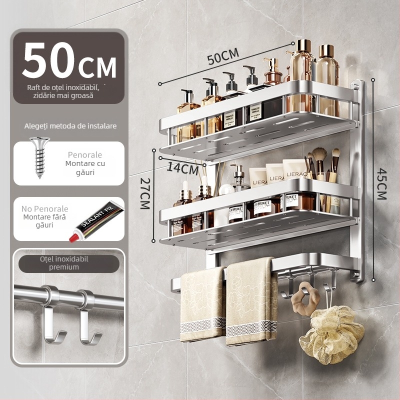 Raft de depozitare pentru baie montat pe perete, oțel inoxidabil, finisaj lucios, 1–3 niveluri, stil modern minimalist, Aochler model 000