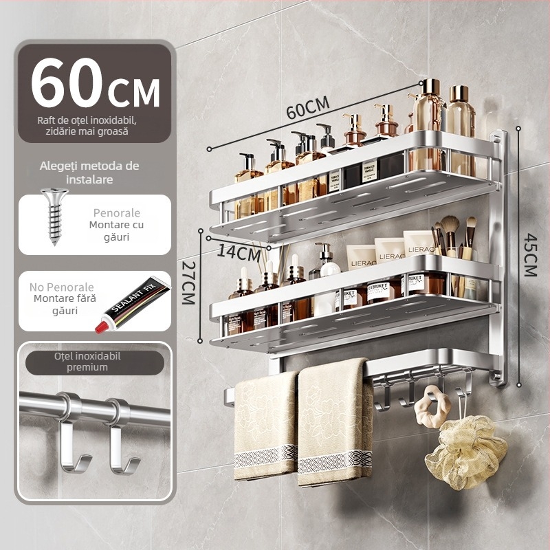Raft de depozitare pentru baie montat pe perete, oțel inoxidabil, finisaj lucios, 1–3 niveluri, stil modern minimalist, Aochler model 000