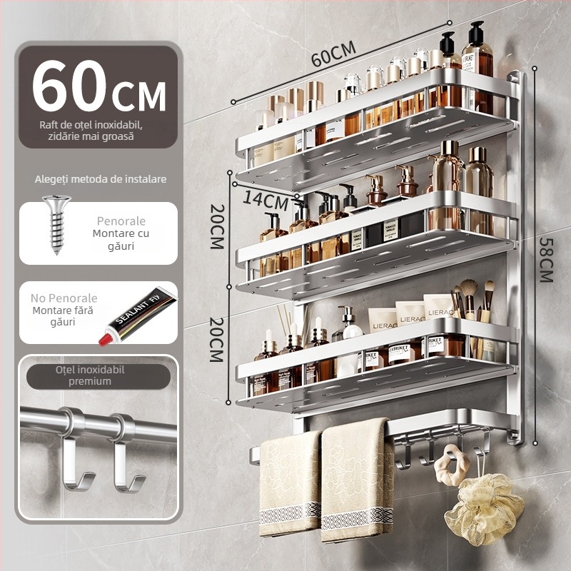 Raft de depozitare pentru baie montat pe perete, oțel inoxidabil, finisaj lucios, 1–3 niveluri, stil modern minimalist, Aochler model 000